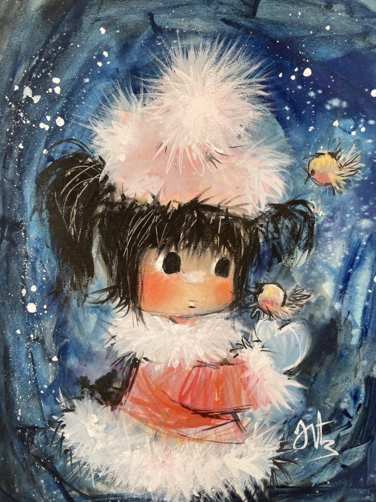 Illustration of a child in winter clothing surrounded by small birds in a snowy background.